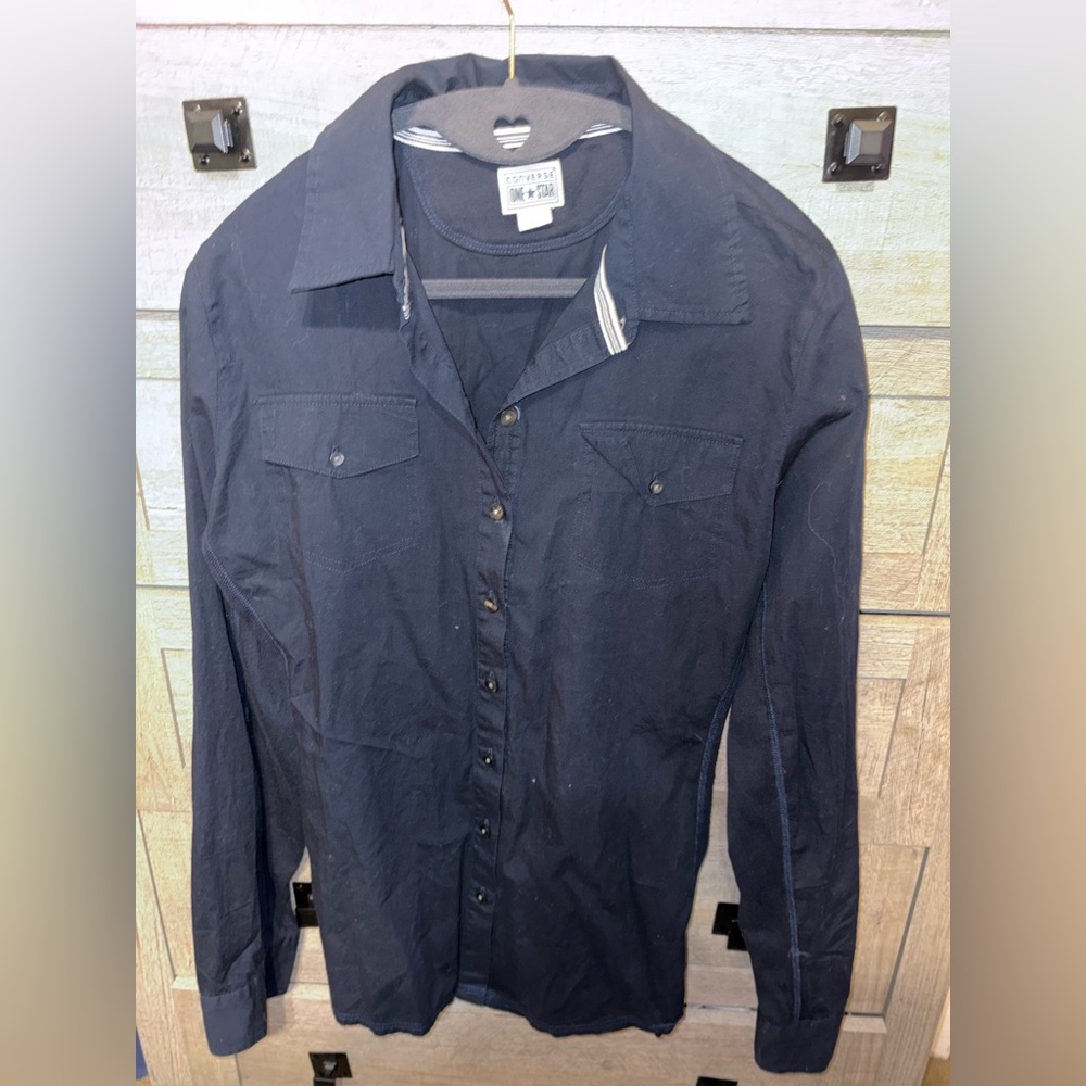 Converse Button-Up Long Sleeve Shirt in Navy